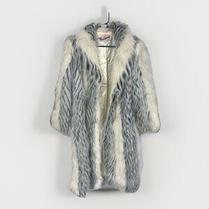 Vintage Donnybrook Faux Fur Long Coat White Gray Striped Plush Elegant Size 12